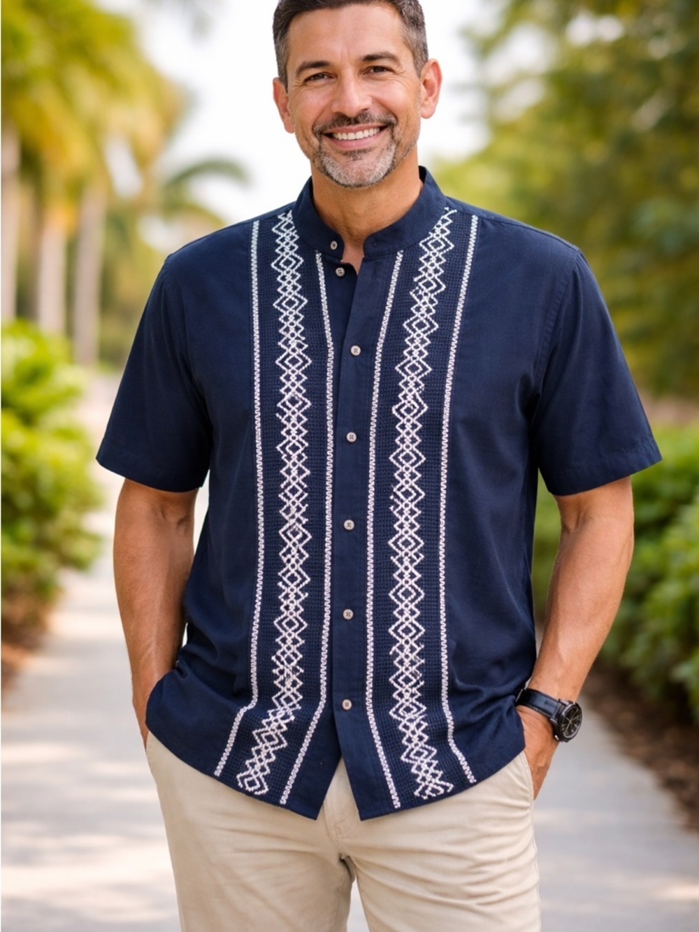 Men's Short-Sleeve Navy Embroidered Button-Down Shirt